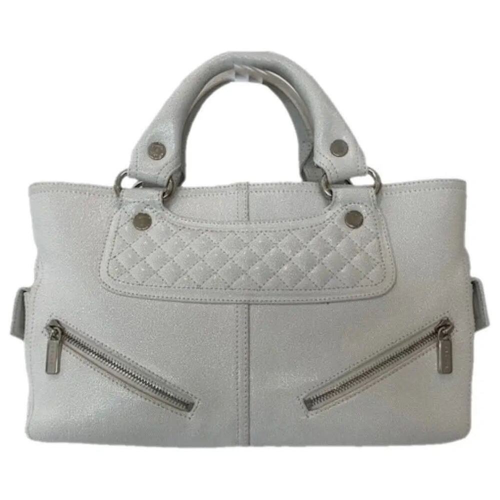CELINE Boogie White Cracked Leather Satchel Bag Silver Hardware Quilted Details